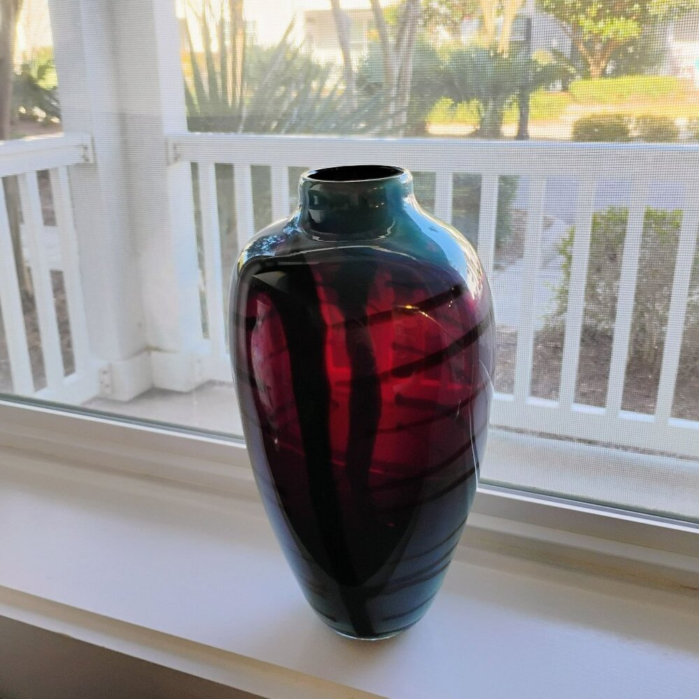 Handblown Iridescent Art Glass Vase With Abstract Design Blue & Purple Tones 12" - Picture 10 of 16